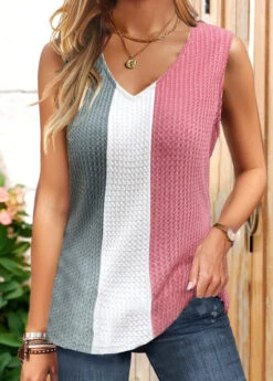 Striped Patchwork Pink V Neck Tank Top