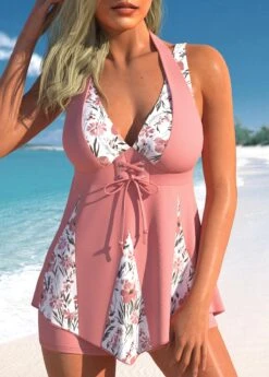 High Waisted Ditsy Floral Print Patchwork Pink Swimdress Set