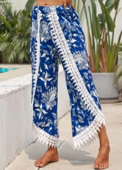 Tribal Print Patchwork Blue Elastic Waist Pants