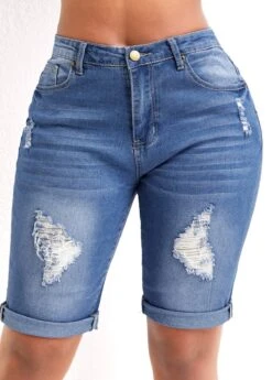 Blue Skinny Zipper Fly Mid Waisted Pocket Denim Shorts -Rosewe Promotion Store 328964 P 16790469374282