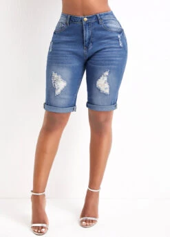 Blue Skinny Zipper Fly Mid Waisted Pocket Denim Shorts -Rosewe Promotion Store 328964 P 16790469378273