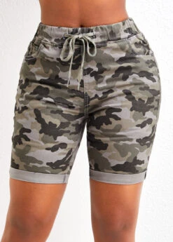Camouflage Print Pocket Multi Color Skinny Drawastring Denim Shorts -Rosewe Promotion Store 328965 P 16883541126512
