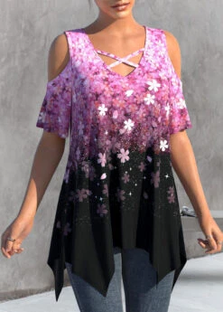 Floral Print Handkerchief Hem Hot Pink T Shirt -Rosewe Promotion Store 328977 P 1678433916734