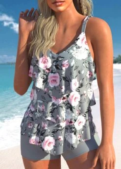 Mid Waisted Floral Print Layered Grey Tankini Set -Rosewe Promotion Store 329009 P 1679902835372