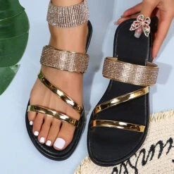Golden Open Toe Falt Shinning Sliders -Rosewe Promotion Store 329034 P 1678683634007