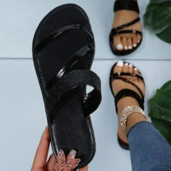 PU Black Open Toe Falt Sliders