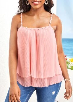 Pink Square Neck Strappy Pearl Camisole Top -Rosewe Promotion Store 329057 P 16801583291613