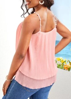 Pink Square Neck Strappy Pearl Camisole Top -Rosewe Promotion Store 329057 P 16801583294791