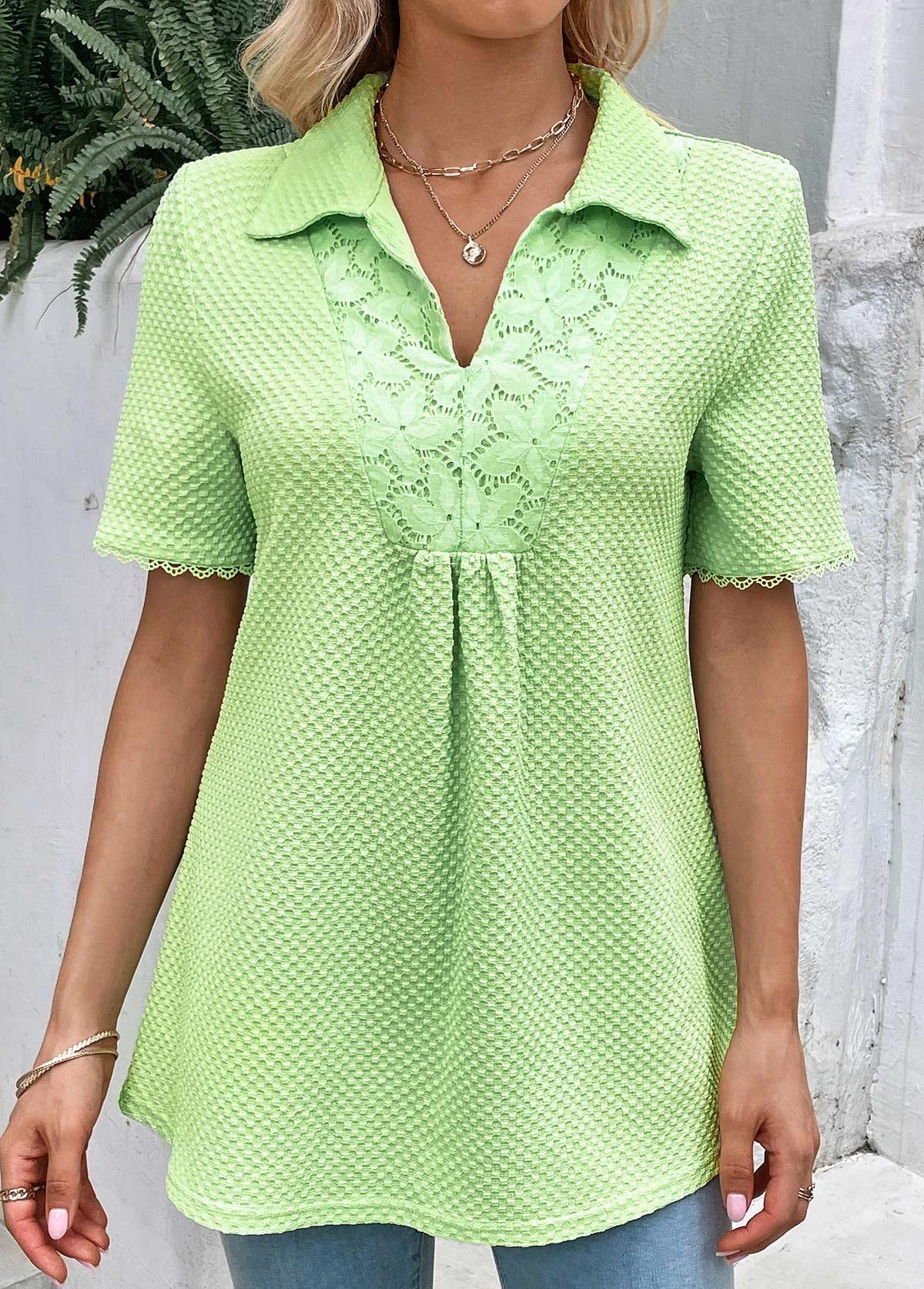 Patchwork Shirt Collar Short Sleeve Light Green Blouse 6 Patchwork Shirt Collar Short Sleeve Light Green Blouse - Image 4