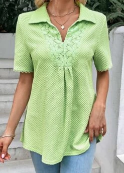 Patchwork Shirt Collar Short Sleeve Light Green Blouse 12 Patchwork Shirt Collar Short Sleeve Light Green Blouse -Rosewe Promotion Store 329069 P 16832535743854