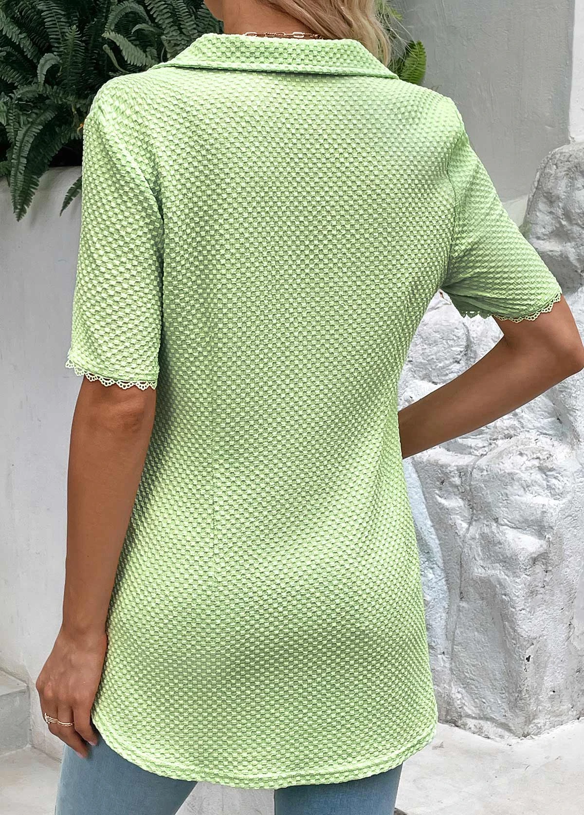 Patchwork Shirt Collar Short Sleeve Light Green Blouse 4 Patchwork Shirt Collar Short Sleeve Light Green Blouse - Image 2