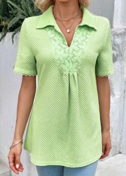 Patchwork Shirt Collar Short Sleeve Light Green Blouse 10 Patchwork Shirt Collar Short Sleeve Light Green Blouse -Rosewe Promotion Store 329069 P 16832535748702