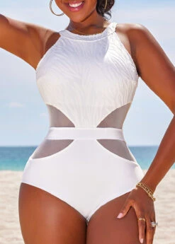 Cutout Patchwork White One Piece Swimwear