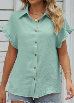 Shirt Collar Button Mint Green Short Sleeve Blouse