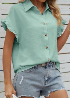 Shirt Collar Button Mint Green Short Sleeve Blouse -Rosewe Promotion Store 329117 P 1678681273035