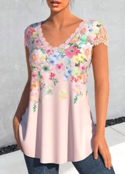 Floral Print Patchwork Light Pink T Shirt -Rosewe Promotion Store 329126 P 1678690837996