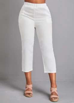 White Elastic Waist High Waisted Pocket Pants