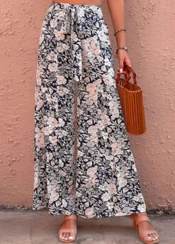 Floral Print Bowknot Navy Elastic Waist Pants -Rosewe Promotion Store 329147 P 1678689531026