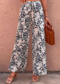 Floral Print Bowknot Navy Elastic Waist Pants