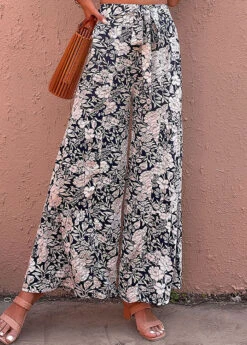 Floral Print Bowknot Navy Elastic Waist Pants -Rosewe Promotion Store 329147 P 1678689532288