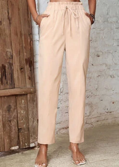Beige Drawastring High Waisted Pocket Pants -Rosewe Promotion Store 329150 P 1678689599006