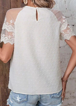 White Round Neck Short Sleeve Patchwork Blouse -Rosewe Promotion Store 329151 P 1678689613237