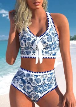 High Waisted Tribal Print Bowknot Blue Bikini Set