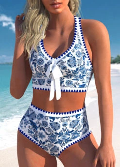 High Waisted Tribal Print Bowknot Blue Bikini Set -Rosewe Promotion Store 329230 P 1678788254057