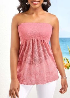 Lace Pink Bandeau Patchwork Tank Top -Rosewe Promotion Store 329255 P 16800674331312