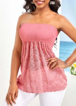 Lace Pink Bandeau Patchwork Tank Top -Rosewe Promotion Store 329255 P 16800674336454