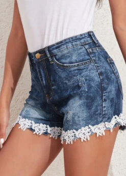 Skinny Lace Denim Blue Zipper Fly Shorts -Rosewe Promotion Store 329272 P 16805995583343