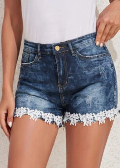 Skinny Lace Denim Blue Zipper Fly Shorts -Rosewe Promotion Store 329272 P 16805995588032