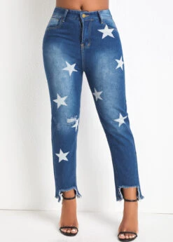 Star Print Pocket Denim Blue Regular Jeans
