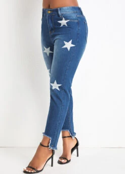 Star Print Pocket Denim Blue Regular Jeans -Rosewe Promotion Store 329328 P 16807809941502