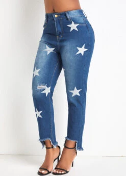 Star Print Pocket Denim Blue Regular Jeans -Rosewe Promotion Store 329328 P 16807809946883