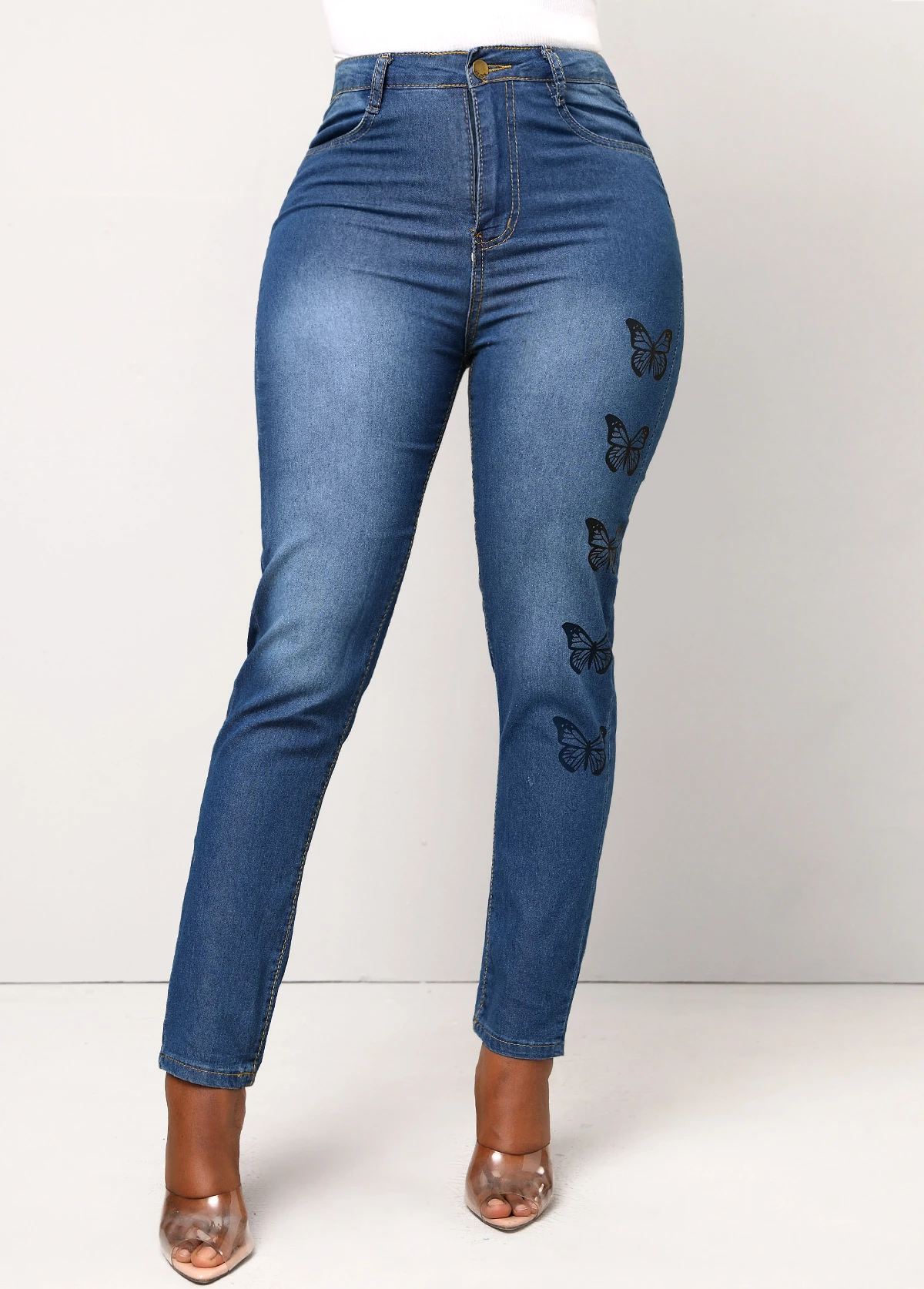 Butterfly Print Pocket Denim Blue Skinny Jeans 4 Butterfly Print Pocket Denim Blue Skinny Jeans - Image 2