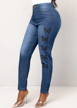 Butterfly Print Pocket Denim Blue Skinny Jeans