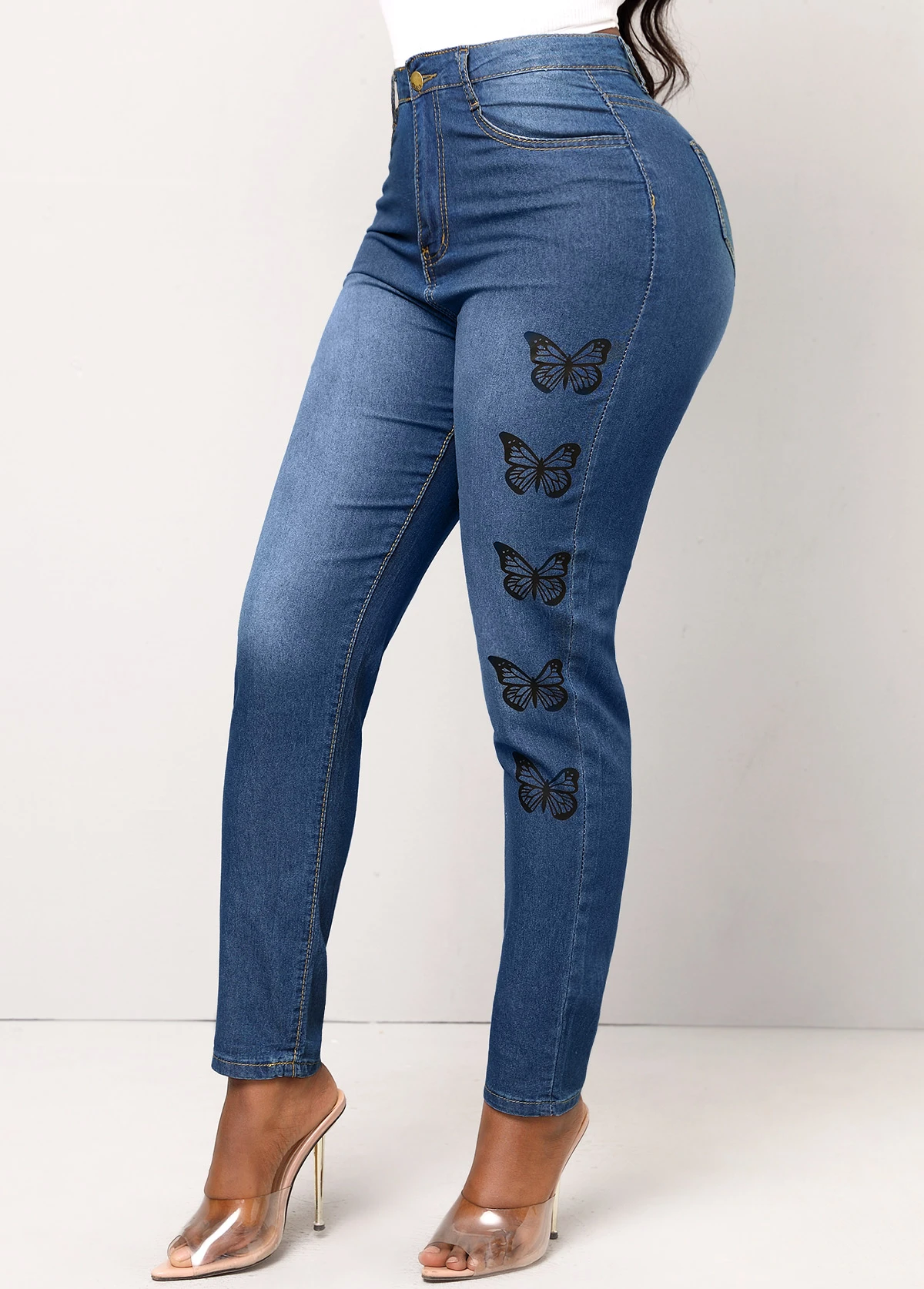 Butterfly Print Pocket Denim Blue Skinny Jeans 3 Butterfly Print Pocket Denim Blue Skinny Jeans