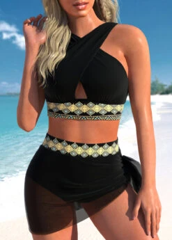 High Waisted Tribal Print Criss Cross Bikini Set