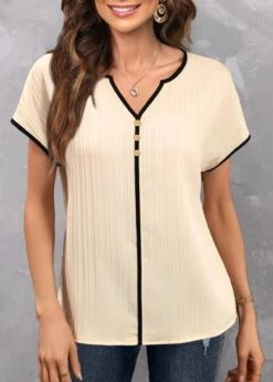 Split Beige Short Sleeve Light Weight Blouse -Rosewe Promotion Store 329355 P 1678878481403