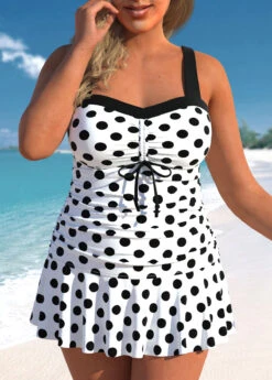 Mid Waisted White Plus Size Polka Dot Tankini Set
