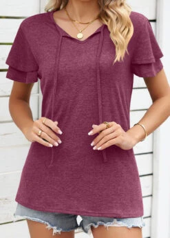 V Neck Layered Wine Red T Shirt 11 V Neck Layered Wine Red T Shirt -Rosewe Promotion Store 329384 P 1678858054020