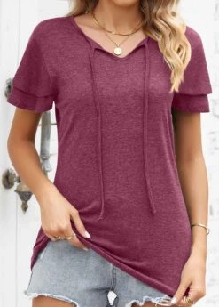 V Neck Layered Wine Red T Shirt 10 V Neck Layered Wine Red T Shirt -Rosewe Promotion Store 329384 P 1678858054313