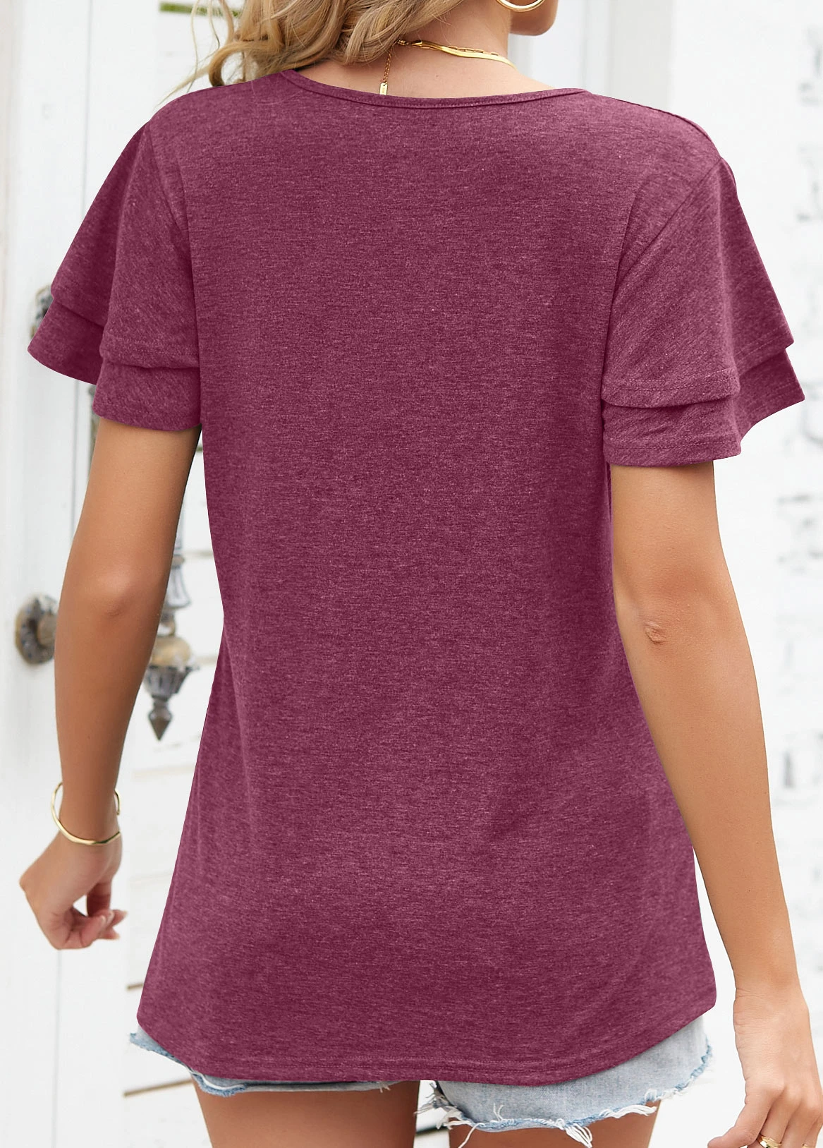 V Neck Layered Wine Red T Shirt 4 V Neck Layered Wine Red T Shirt - Image 2