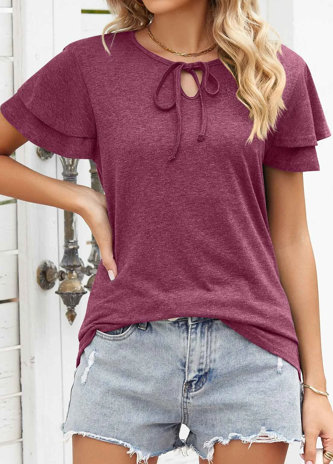 V Neck Layered Wine Red T Shirt 7 V Neck Layered Wine Red T Shirt - Image 5