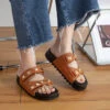 Open Toe Dark Camel Falt Slippers
