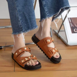 Open Toe Dark Camel Falt Slippers