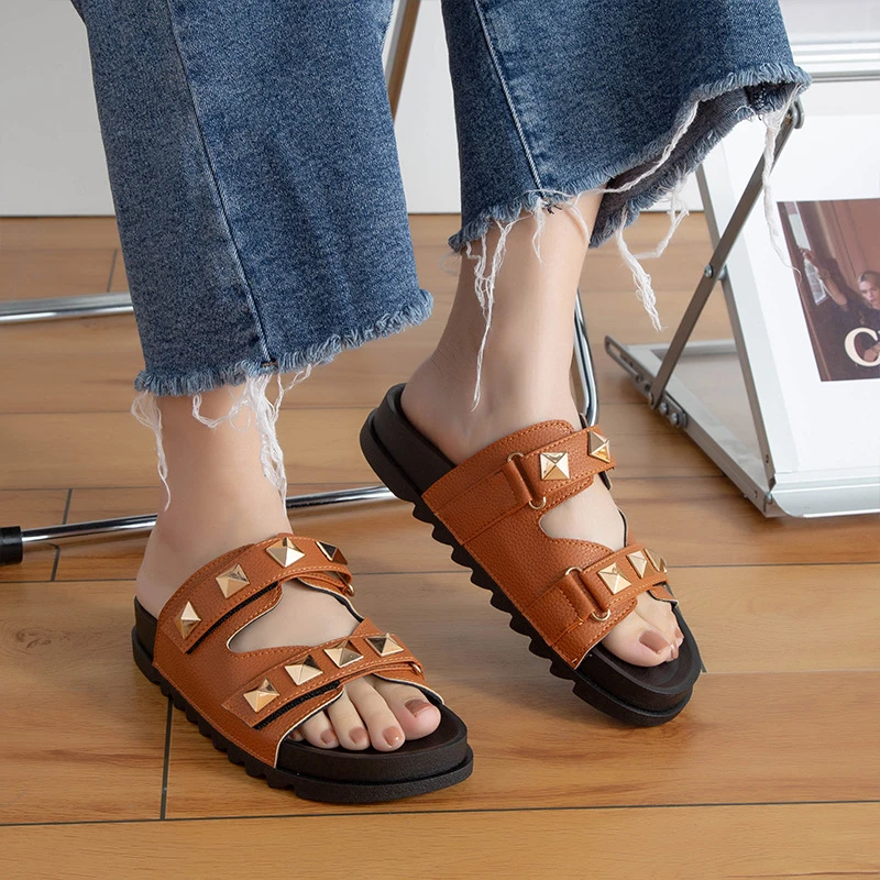 Open Toe Dark Camel Falt Slippers 3 Open Toe Dark Camel Falt Slippers