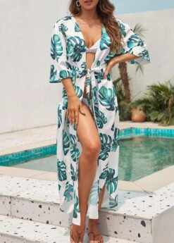 Leaf Print Tie White Cover Up