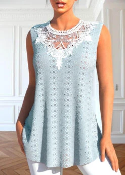 Dusty Blue Round Neck Patchwork Tank Top -Rosewe Promotion Store 329549 P 1682302040019